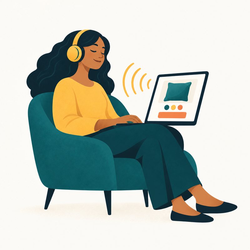 A woman with headphones listens to her laptop