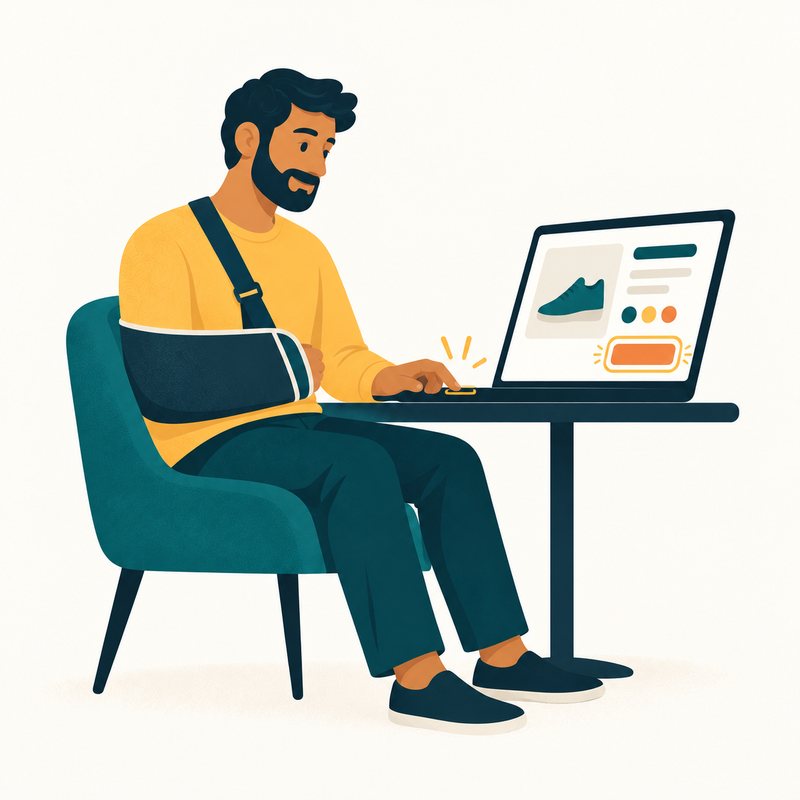 A man with his arm in a sling uses only the keyboard