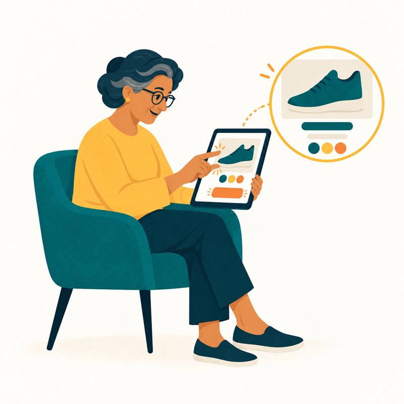 An older woman with glasses taps a product on her tablet