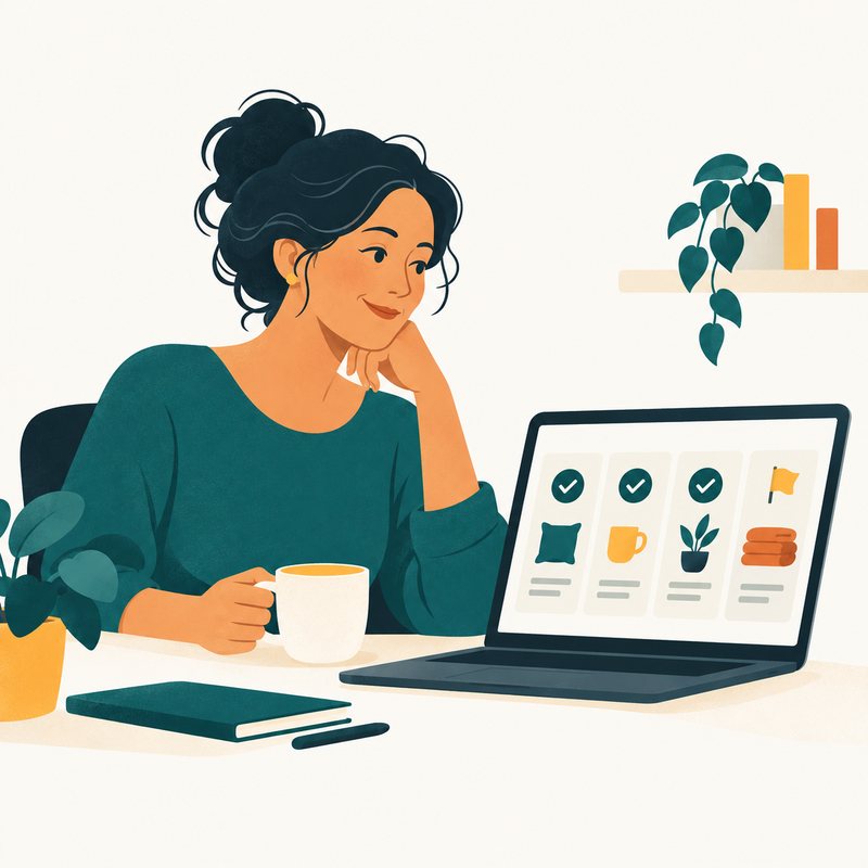 A shop owner with a coffee looks at a checklist on her laptop
